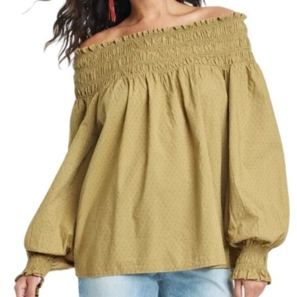 Universal Thread Off Shoulder Smocked Bishop Sleeve Textured Blouse Green Size S
